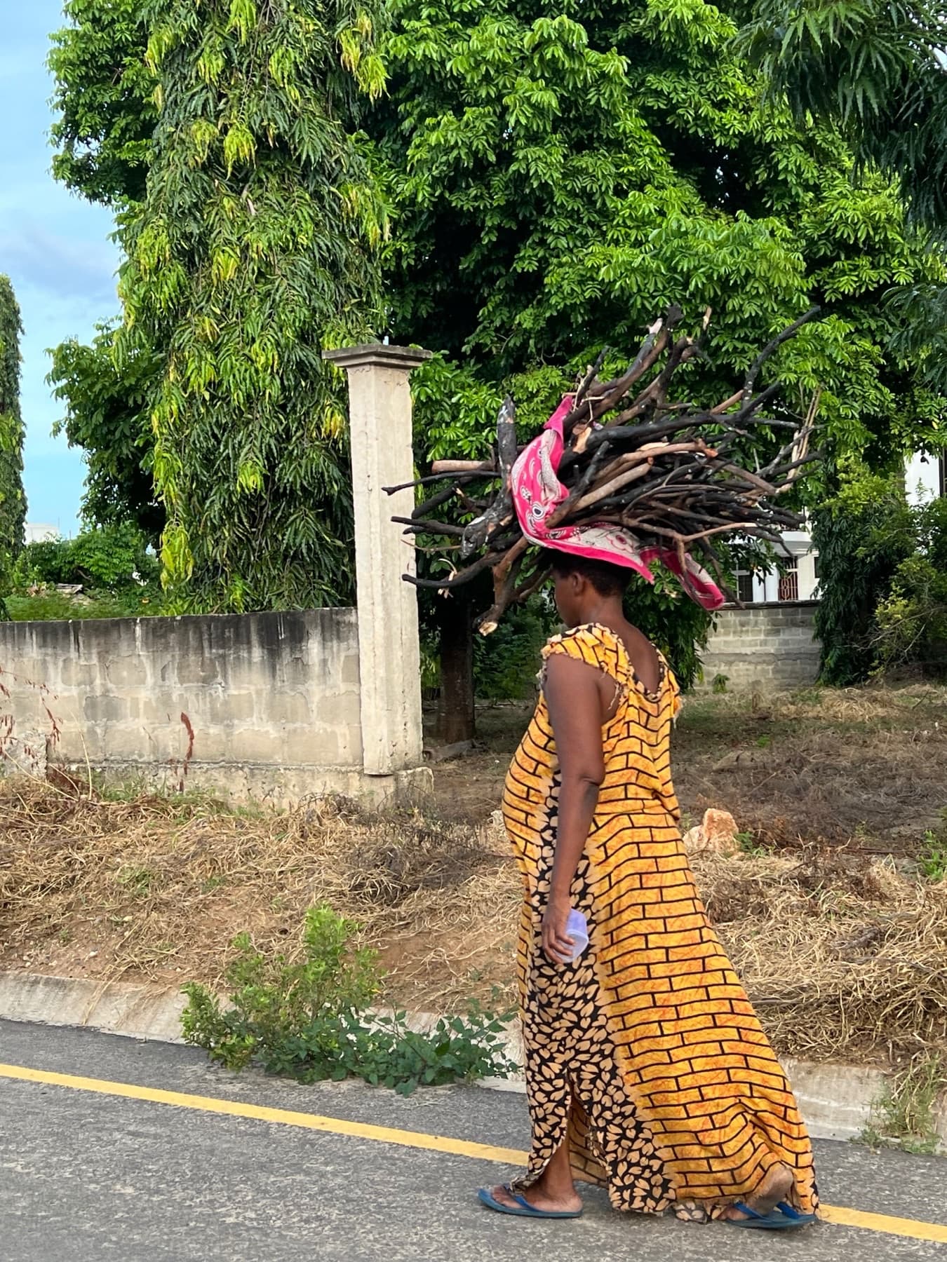 A woman carrying a bundle of firewood in Tanzania
